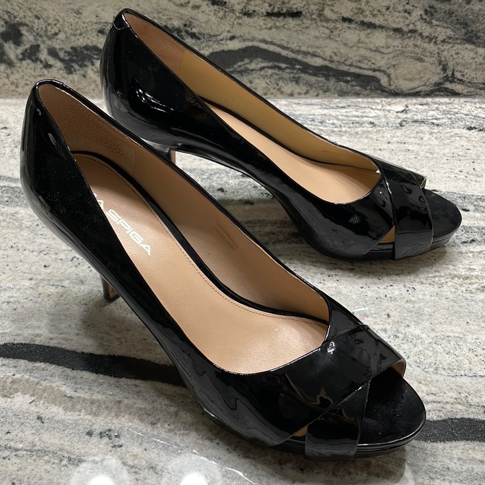 Via Spiga Black Patent Open Toe Heels